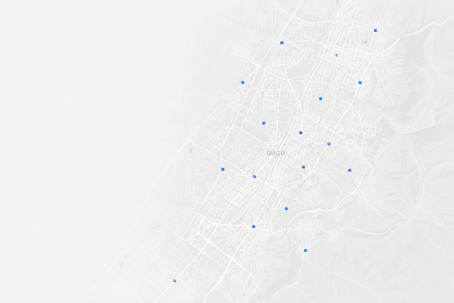 Mapa del área metropolitana de Quito con marcadores de propiedades de la plataforma Habity